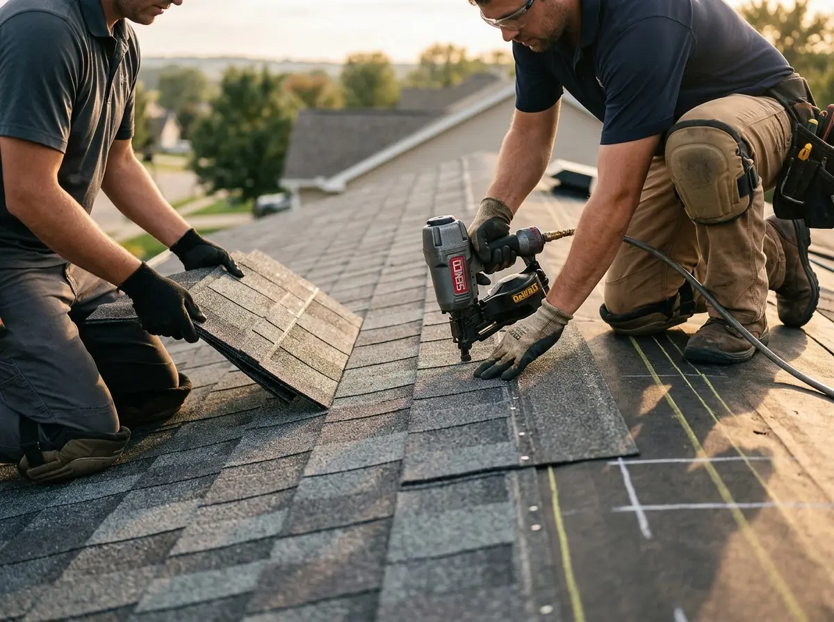 Professional roofer working on a residential roof in Ellettsville